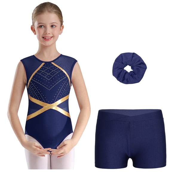 SiiRoh Girls Sparkle Gymnastics Leotard Set Sleeveless Rhinestones Workout Dance Bodysuit with Shorts Hair Tie Navy Blue 14
