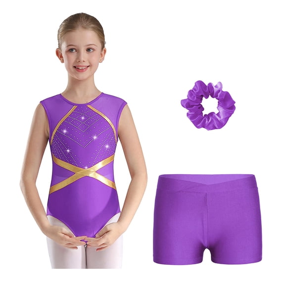 SiiRoh Girls Sparkle Gymnastics Leotard Set Sleeveless Rhinestones Workout Dance Bodysuit with Shorts Hair Tie Purple 6