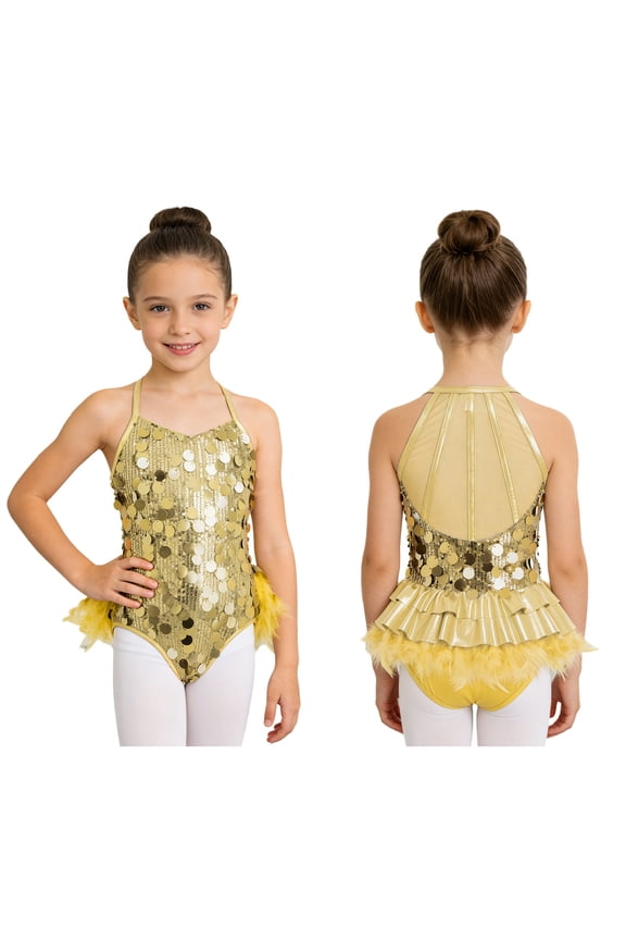 Girls Sparkly Ballet Performance Leotard Sleeveless Mesh Patchwork Feather Bodysuit Jazz Latin Dancewear Gold 10