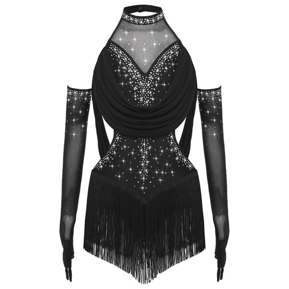 SiiRoh Girls Sparkly Fringe Jazz Latin Dance Leotard Ruched Mesh Drapes Cutout Bodysuit with Gloves Black 6