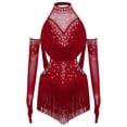 thumbnail image 1 of SiiRoh Girls Sparkly Fringe Jazz Latin Dance Leotard Ruched Mesh Drapes Cutout Bodysuit with Gloves Burgundy 12, 1 of 7