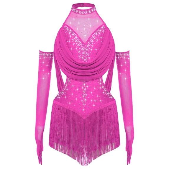SiiRoh Girls Sparkly Fringe Jazz Latin Dance Leotard Ruched Mesh Drapes Cutout Bodysuit with Gloves Hot Pink 14