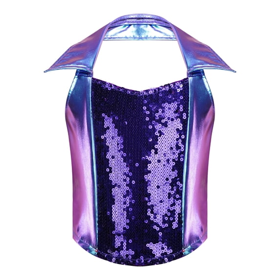 SiiRoh Girls Sparkly Glitter Dance Halter Vest for Jazz Disco Performance Sequin Metallic Halter Crop Top Blue 10