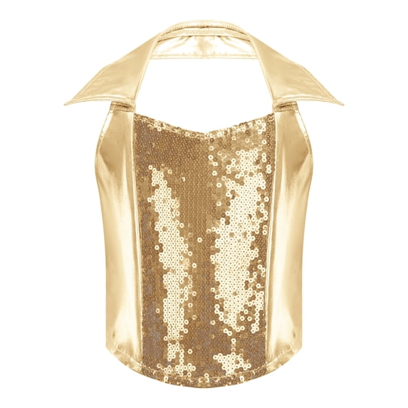 SiiRoh Girls Sparkly Glitter Dance Halter Vest for Jazz Disco Performance Sequin Metallic Halter Crop Top Gold 8
