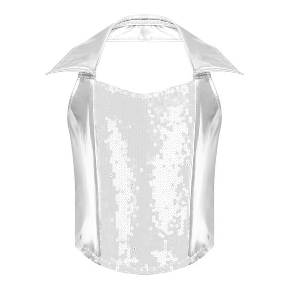 SiiRoh Girls Sparkly Glitter Dance Halter Vest for Jazz Disco Performance Sequin Metallic Halter Crop Top Silver 16