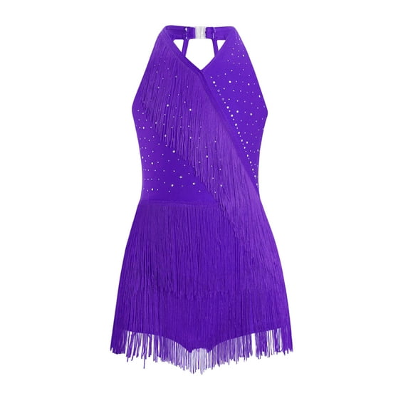 SiiRoh Girls Sparkly Tassels Latin Dance Leotards Halter Sleeveless Fringe Figure Skating Dress Purple 10