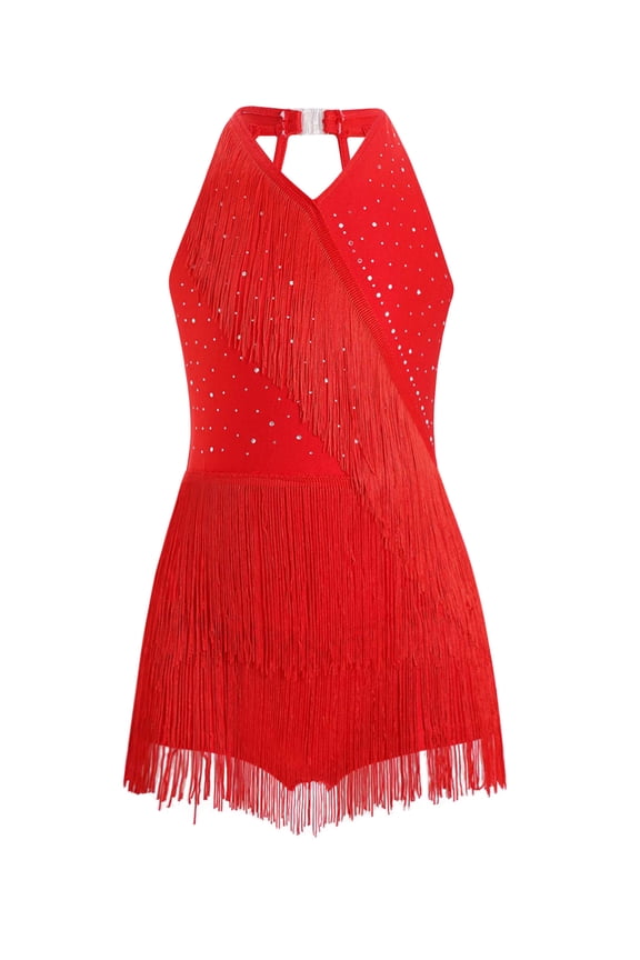 Girls Sparkly Tassels Latin Dance Leotards Halter Sleeveless Fringe Figure Skating Dress Red 16