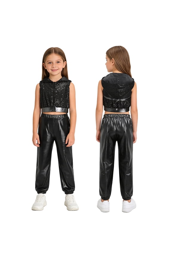 Girls Street Hip Hop Jazz Dance Outfits Sleeveless Sequin Hooded Vest Crop Top with Metallic Pants Set Black 16