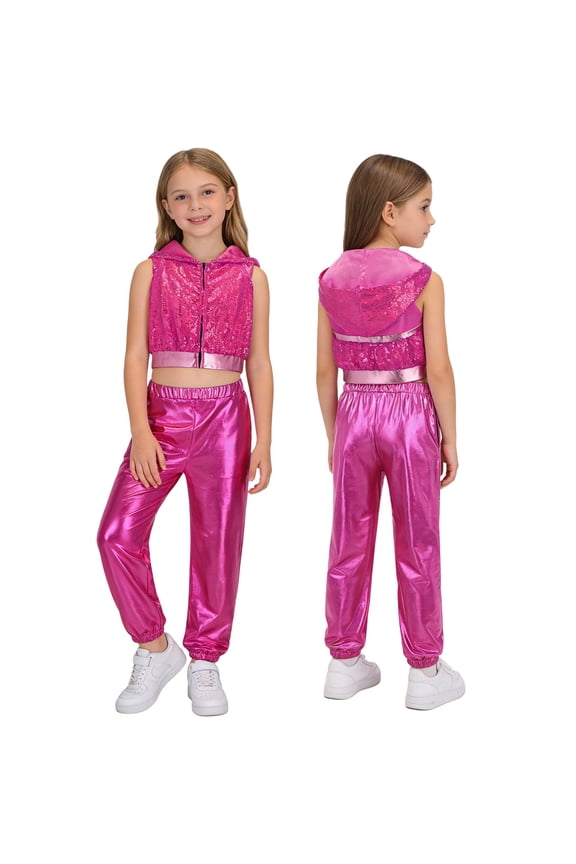Girls Street Hip Hop Jazz Dance Outfits Sleeveless Sequin Hooded Vest Crop Top with Metallic Pants Set Hot Pink 16