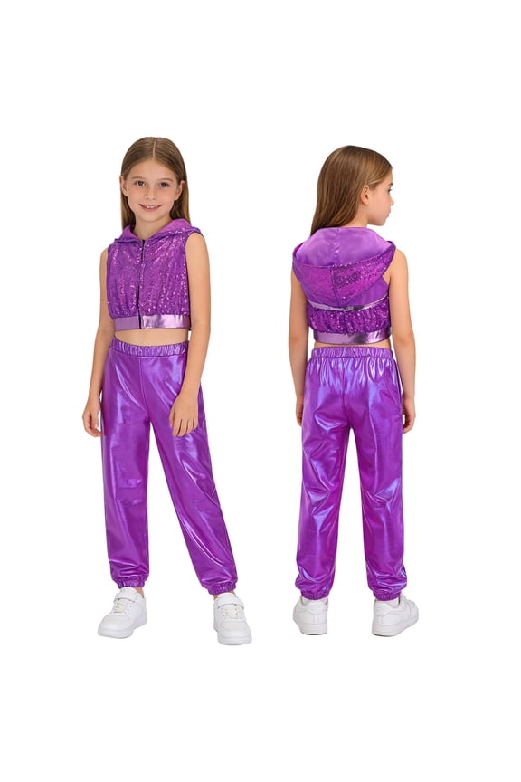Girls Street Hip Hop Jazz Dance Outfits Sleeveless Sequin Hooded Vest Crop Top with Metallic Pants Set Purple 6