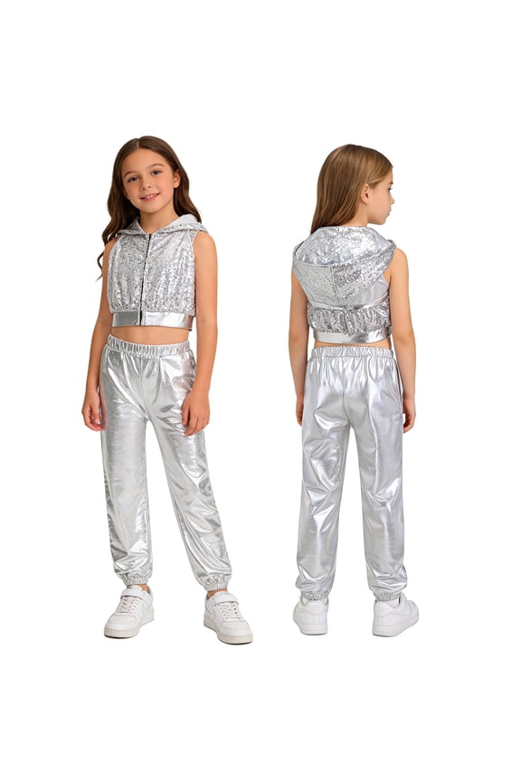 Girls Street Hip Hop Jazz Dance Outfits Sleeveless Sequin Hooded Vest Crop Top with Metallic Pants Set Silver 6