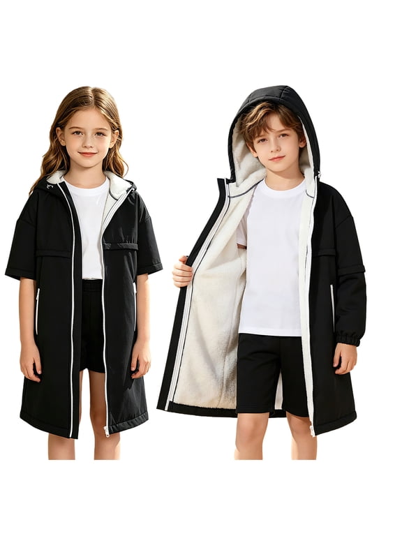 Girls Surf Changing Robe Beach Parka Jacket Warm Swimming Coat Thick Swim Poncho for Water Sports Black 4