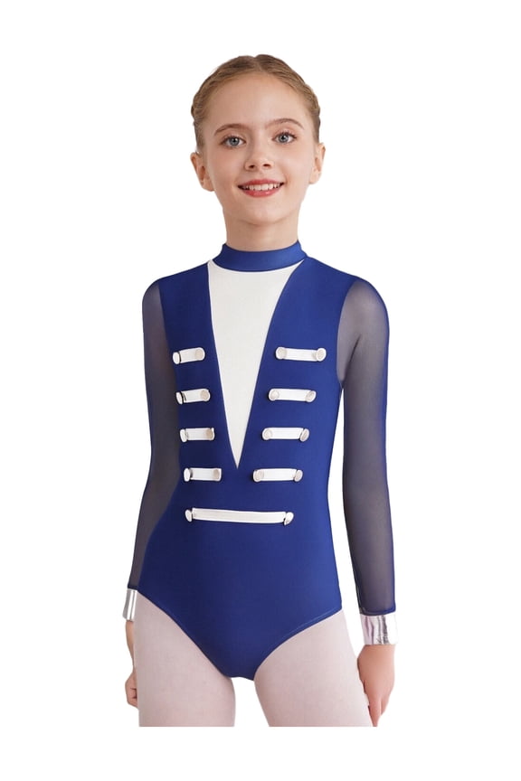 Gymnastics Leotard for Girls Metallic Button Sheer Mesh Patchwork Long Sleeve Bodysuit Ballet Dance Outfit Navy Blue 6