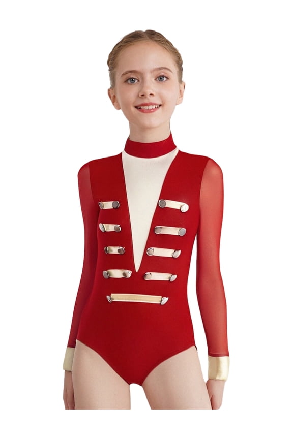 Gymnastics Leotard for Girls Metallic Button Sheer Mesh Patchwork Long Sleeve Bodysuit Ballet Dance Outfit Red 6