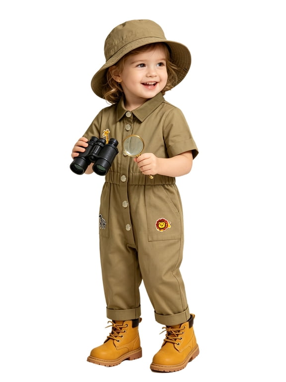 Infant Trailblazer Outfit Jungle Explorer Suit Zookeeper Jumpsuit Carnival Button Down Turndown Collar Overalls Khaki 2-3