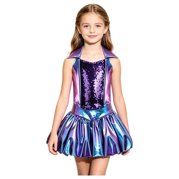 SiiRoh Kids 2 Piece Hip Hop Dance Outfits Sparkly Shiny Crop Top Flared Pleated A-line Mini Skirt Dancewear Blue 8