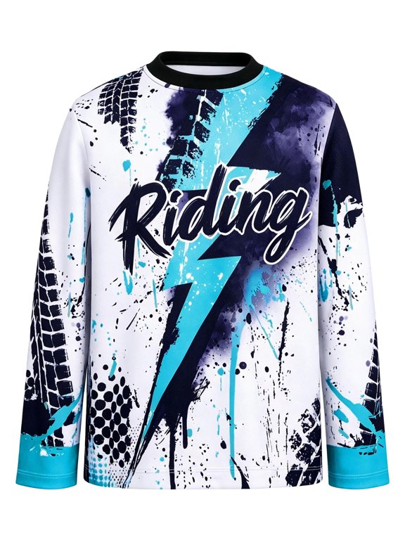 Kids Boys Biking Cycling Top Gymnastic Jerseys Letter Printed T-shirt Long Sleeve Biking Motorcycle Moisture-wicking Top Blue 14