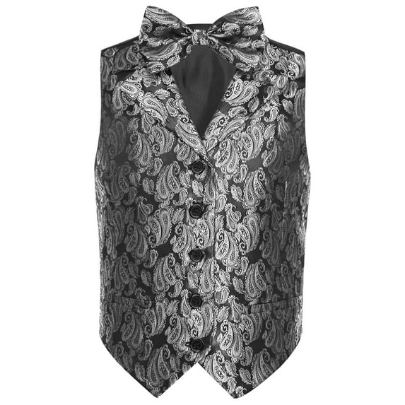 SiiRoh Kids Boys Gentlemen Bow Tie Vest Banquet Birthday Party Sleeveless Classic Jacquard Waistcoat Silver 16