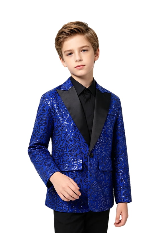 Kids Boys Glitter Sequins Wedding Pageant Blazer Coats Long Sleeves Jackets Modern Dancing Stage Performance Tuxedo Blue 6