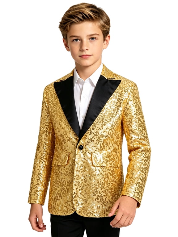 Kids Boys Glitter Sequins Wedding Pageant Blazer Coats Long Sleeves Jackets Modern Dancing Stage Performance Tuxedo Gold 8