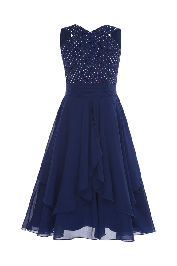 Kids GirlS Dress V Neck Wedding Bridesmaid Sleeveless Pleated Pageant Birthday Party Aline Dress Navy Blue 10