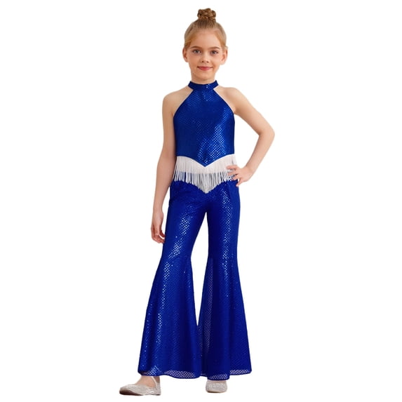 SiiRoh Kids Girls 70s Disco Jazz Dance Outfits Shiny Sequin Halter Crop Top with Flare Pants Stage Performance Royal Blue 14