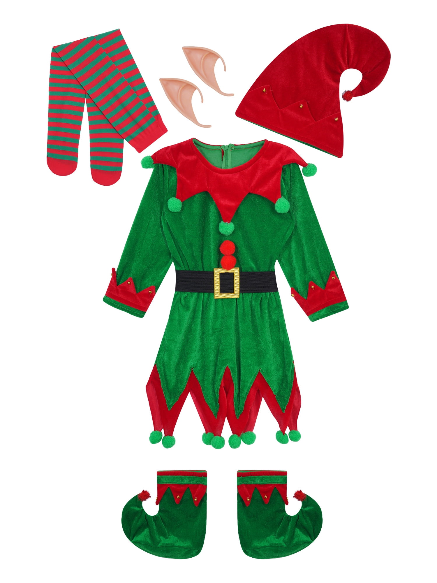 SiiRoh Kids Girls Christmas Elf Outfits 6-Piece Santa Claus Helper Suit ...