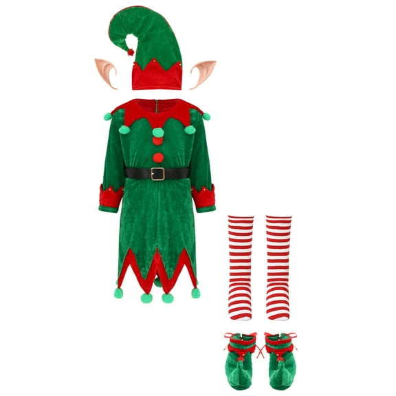 SiiRoh Kids Girls Christmas Elf Outfits 6-Piece Santa Claus Helper Suit for Xmas Party Dress Ups Green B 100