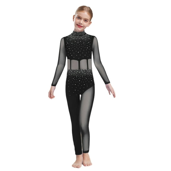 SiiRoh Kids Girls Dance Unitard Long Sleeve Shiny Full Body Ballet Gymnastics Leotard Ice Skating Jumpsuit Black 16