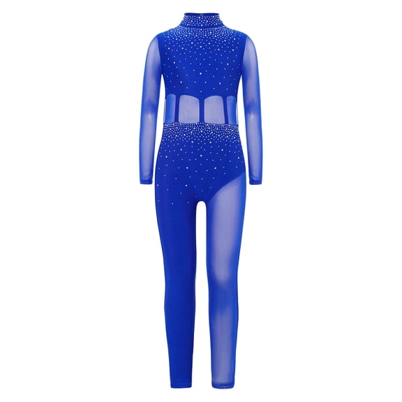 SiiRoh Kids Girls Dance Unitard Long Sleeve Shiny Full Body Ballet Gymnastics Leotard Ice Skating Jumpsuit Blue 16