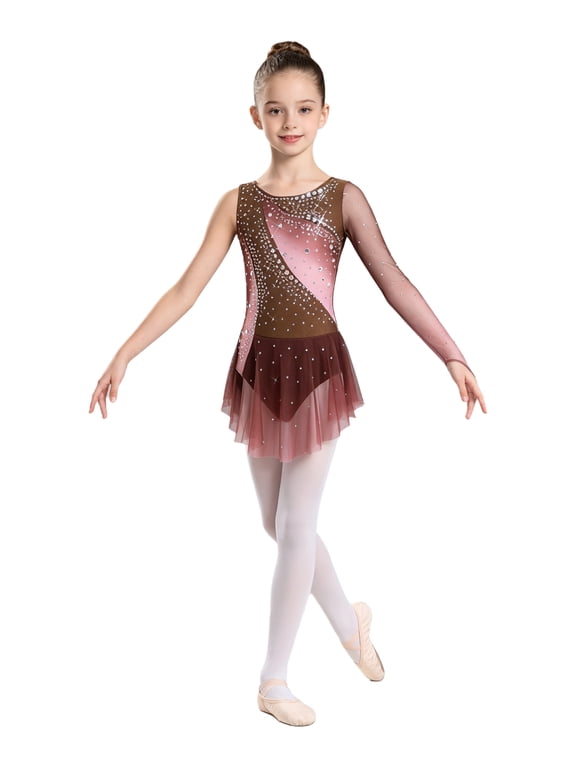 Kids Girls Figure Skating Dress Gymnastics Round Neck Asymmetrical Split Shiny Rhinestones Lyrical Dance Dress Brown 6