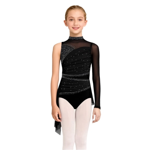 SiiRoh Kids Girls Figure Skating Dress Ruched Mesh Gymnastics Ballet Leotard Long Sleeve Lyrical Dance Dress Black 8