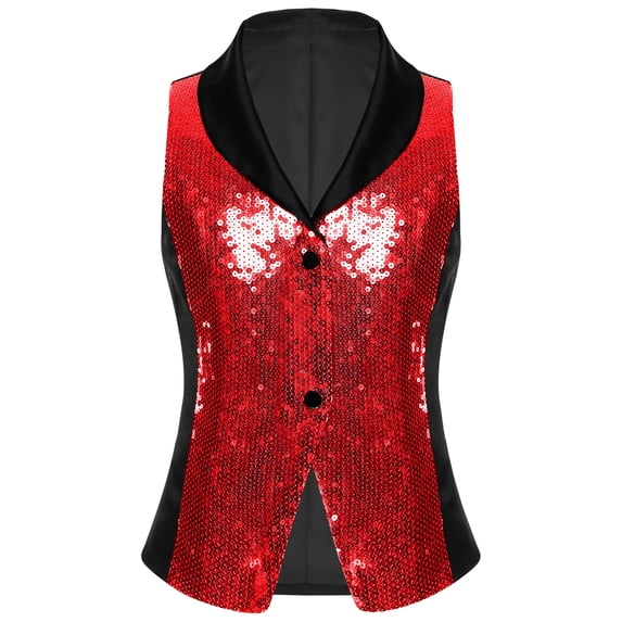 SiiRoh Kids Girls Glitter Sequin Vest Sleeveless Hip Hop Jazz Dance Party Stage Performance Waistcoat Top Red 6