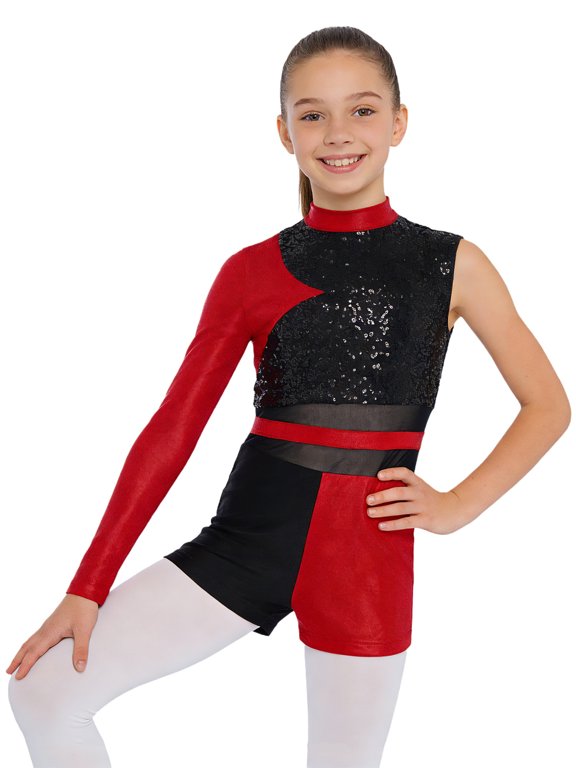 Kids Girls Glittery Sequins Gymnastics Ballet Dance One Piece Bodysuit Asymmetrical Skating Leotard Red 10