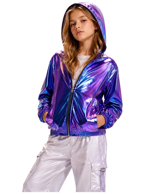Kids Girls Hip Hop Hooded Jacket Sparkly Metallic Zipper Short Jacket Coat Outerwear Club Rave Performance Wear Blue 6