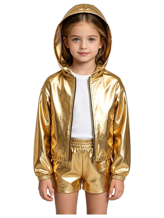 Kids Girls Hip Hop Hooded Jacket Sparkly Metallic Zipper Short Jacket Coat Outerwear Club Rave Performance Wear Gold 6
