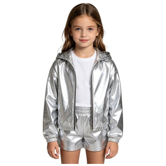 SiiRoh Kids Girls Hip Hop Hooded Jacket Sparkly Metallic Zipper Short Jacket Coat Outerwear Club Rave Performance Wear Silver 12