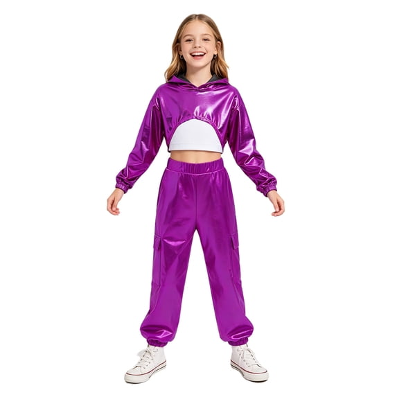 SiiRoh Kids Girls Hip-hop Jazz Dance Outfit Long Sleeve Metallic Cropped Hoodie Top with Vest Cargo Pants for School Show Street Dance Purple 12