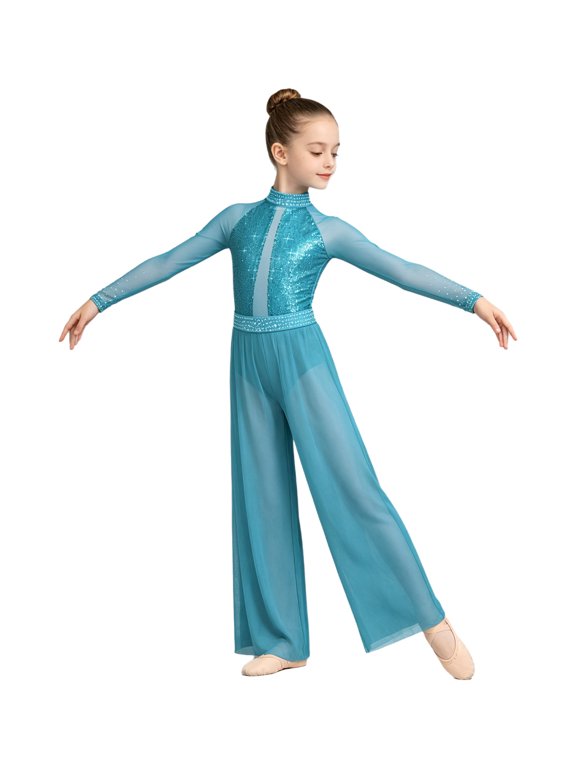 Kids Girls Jazz Dance Outfit Long-Sleeved Sequins Leotard Jersey with Classical Dance Pants Set Latin Tango Salsa Jazz Dresses Light Blue 6