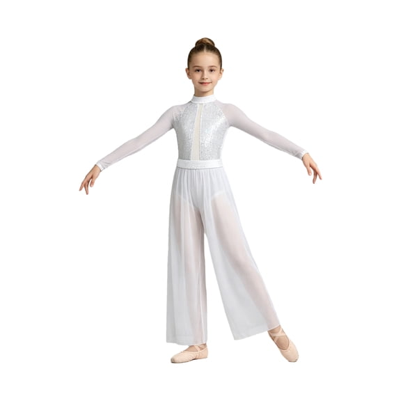 SiiRoh Kids Girls Jazz Dance Outfit Long-Sleeved Sequins Leotard Jersey with Classical Dance Pants Set Latin Tango Salsa Jazz Dresses White 12