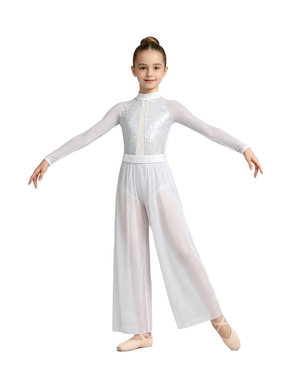 Kids Girls Jazz Dance Outfit Long-Sleeved Sequins Leotard Jersey with Classical Dance Pants Set Latin Tango Salsa Jazz Dresses White 6