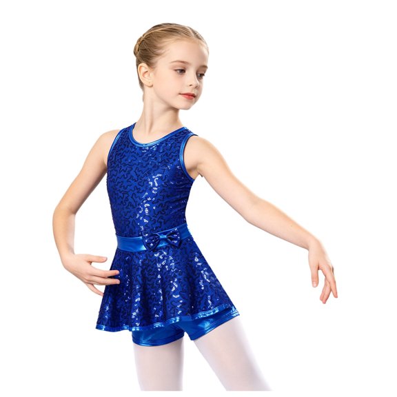 SiiRoh Kids Girls Jazz Modern Tap Dancewear Sleeveless Sequined Bowknot Ballet Dance Leotard Dress Royal Blue 6