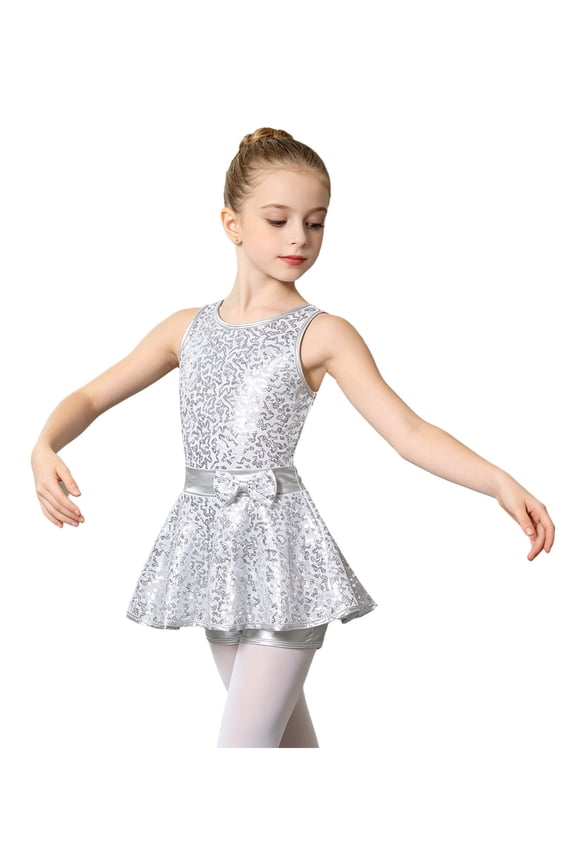 Kids Girls Jazz Modern Tap Dancewear Sleeveless Sequined Bowknot Ballet Dance Leotard Dress White 6