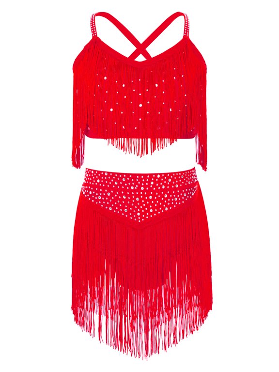 Kids Girls Latin Dance Outfit Tango Cha-cha Rumba Set Tassels Sleeveless Rhinestones Crop Top with Tiered Fringed Leotard Skirt Red 4