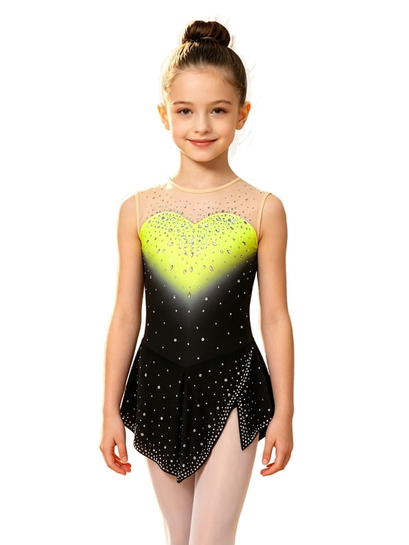 Kids Girls Lyrical Dance Figure Skating Dress Ballet Jersey Patchwork Rhinestone Split Leotard for Rhythmic Gymnastics Dancewear Fluorescent Yellow 6
