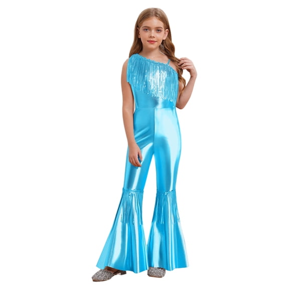 SiiRoh Kids Girls Metallic Disco Funky Dance Jumpsuit Fringed 70s Party Dress Up Lake Blue 10