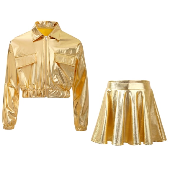 SiiRoh Kids Girls Metallic Jazz Dance Outfit Children Hip Hop Streetwear Fashion Shiny Dancewear Sets Cheerleading Performance Gold 6