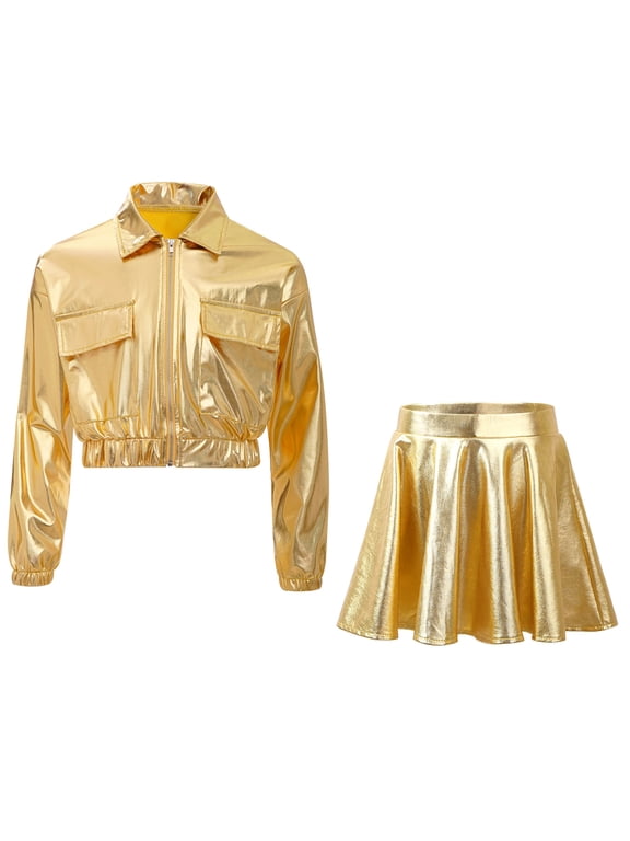 Kids Girls Metallic Jazz Dance Outfit Children Hip Hop Streetwear Fashion Shiny Dancewear Sets Cheerleading Performance Gold 6