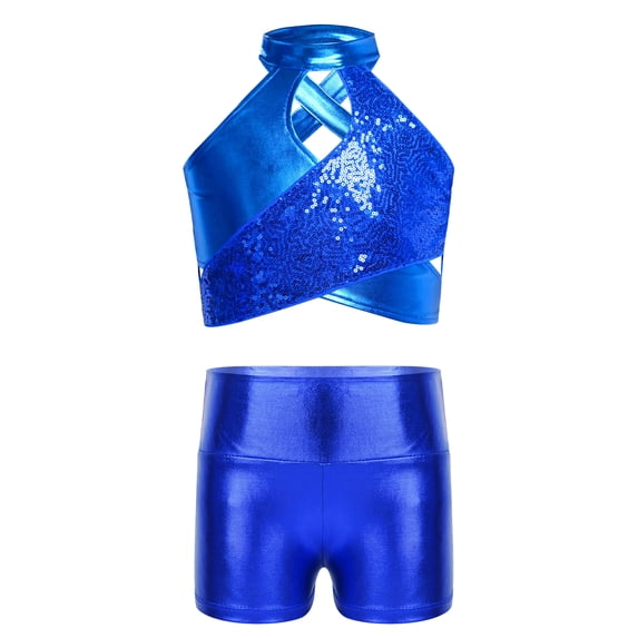 SiiRoh Kids Girls Metallic Jazz Street Dance Outfit Ballet Performance Cross Keyhole Sparkly Sequins Crop Top with Shorts Set Royal Blue 8