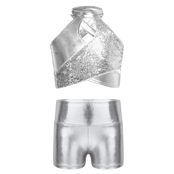 SiiRoh Kids Girls Metallic Jazz Street Dance Outfit Ballet Performance Cross Keyhole Sparkly Sequins Crop Top with Shorts Set Silver 8